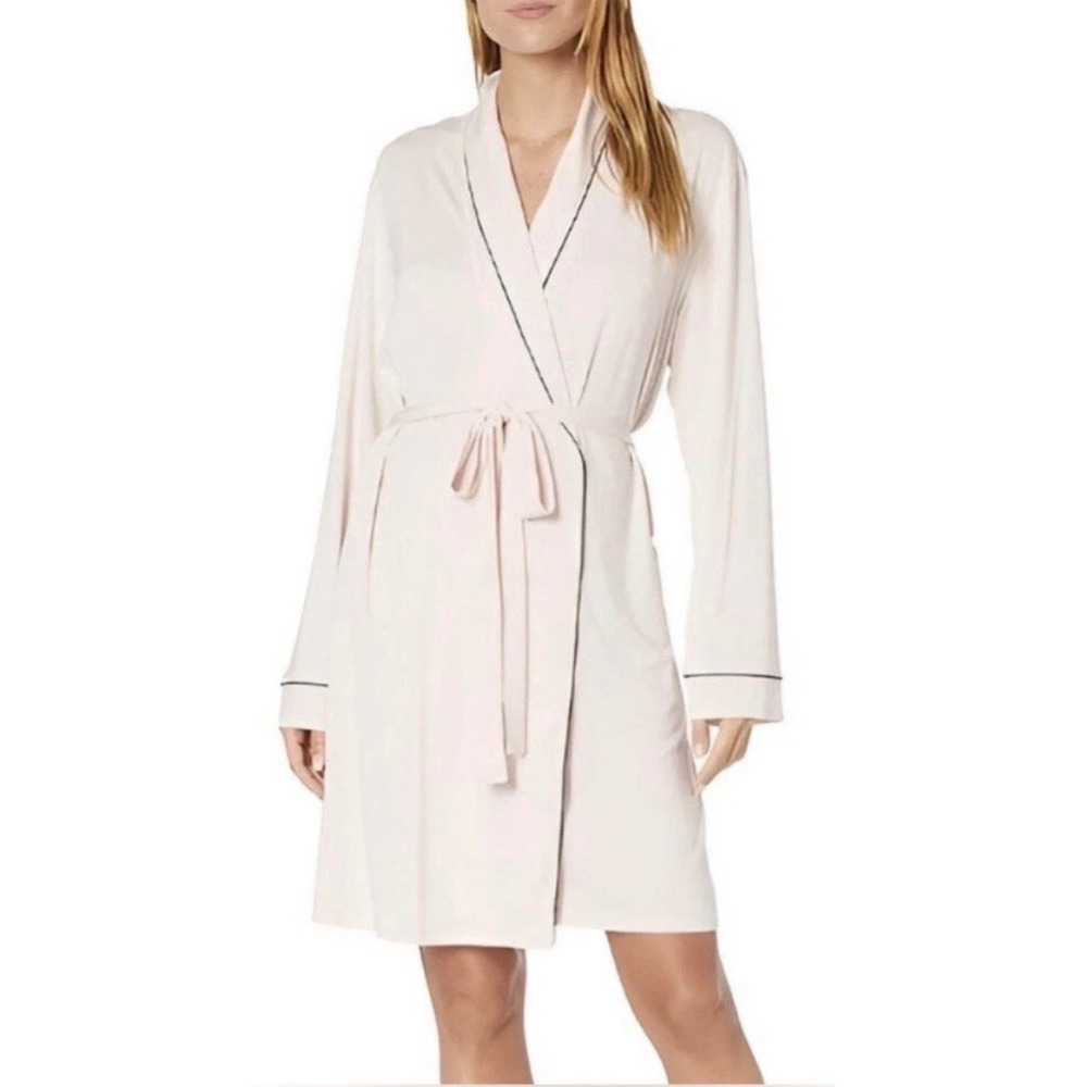 Eberjey The Wrap Robe Blush Pink Navy Piping Rayon Jersey L/XL R1815W